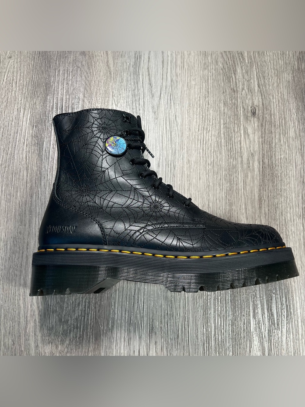 New Dr. Martens Wednesday Adams Jadon Boot Stained-Glass Black Spiderweb Mens 13